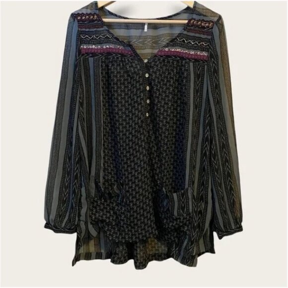 FREE PEOPLE Feather in the Wind Grey Black Sheer Long Sleeve Boho Blouse Beads S - Picture 13 of 13